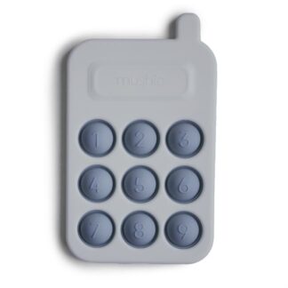 Zabawkowy telefon, w kolorze niebieskim, z silikonowymi przyciskami, marki Mushie.