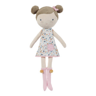 Szmaciana lalka, marki Little Dutch, ubrana w śliczną sukienkę w kwiatki i różowe podkolanówki.