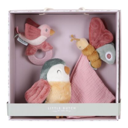 Zestaw prezentowy dla noworodka - dziewczynki, zawierający pierwsze zabawki: gryzak, przytulankę i pluszaka, Little Dutch.