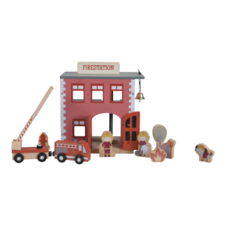 Drewniana, zabawkowa remiza strażacka Little Dutch, w kolorze czerwonym, z dzwonkiem.