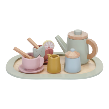 Drewniany zestaw do serwowania herbaty, w delikatnej, pastelowej kolorystyce od Little Dutch.