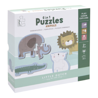 Pudełko puzzli, zawierające sześć zwierzątek do ułożenia.