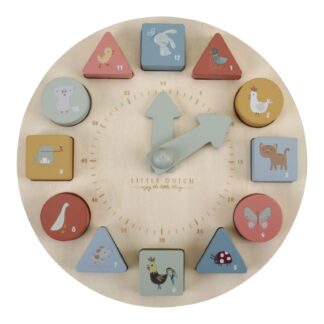 Drewniany zegar zabawka z ruchomymi wskazówkami i klockami do dopasowania.